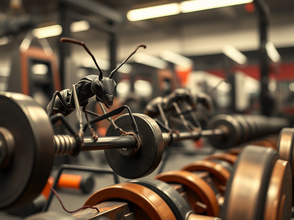 Black ant in the gym lifting weights.
